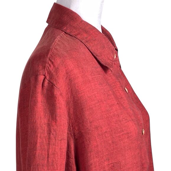 GARNET HILL Linen Button-Up Blouse Size 14 Terracotta Red Orange Fringe EUC - Picture 10 of 16